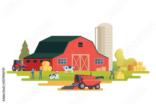 Farm scenery vector illustration on white background. Livestock animal farm landscape with farming elements.