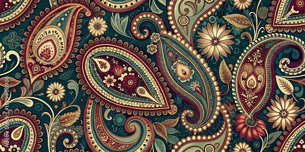 Ornate paisley and floral patterns in gold, red, and green hues create a luxurious and vibrant textile design. Ornate paisley and floral patterns in gold, red, and green hues create a luxurious and vibrant textile design.