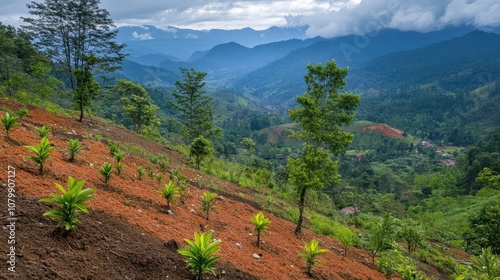 Lush Green Landscape with Rolling Mountains and Cloudy Skies in a Remote Tropical Region Featuring Young Plant Growth on a Sloping Terrain