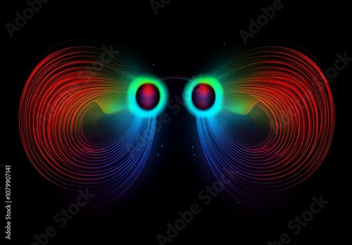 An Abstract Visualization of a Magnetic Field with Glowing Lines and Arrows Illustrating the Flow of Magnetic Force Encircling a Central Object in a Dark, Vacant Space. Abstract graphic design photo