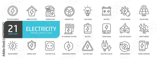 Set of line icons related to electricity, energy, power plant. Outline icons collection. Editable stroke. Vector illustration.