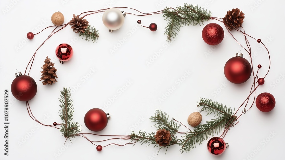 Red and silver Christmas ornaments, pine branches, and pinecones are arranged in a circle on a white background Red and silver Christmas ornaments, pine branches, and pinecones are arranged in a circle on a white background