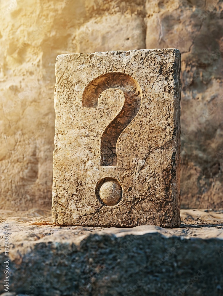 Carved Stone Tablet with Question Mark Symbol Set Against Ancient Market Backdrop Carved Stone Tablet with Question Mark Symbol Set Against Ancient Market Backdrop