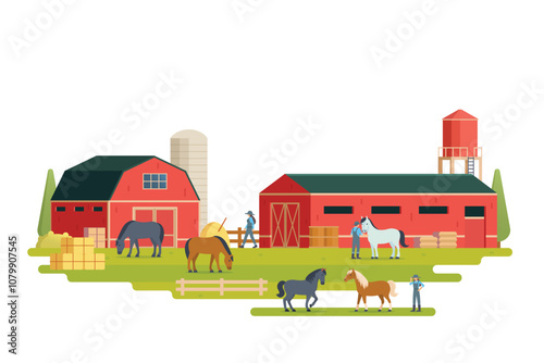 Farm scenery vector illustration on white background. Livestock animal farm landscape with farming elements.