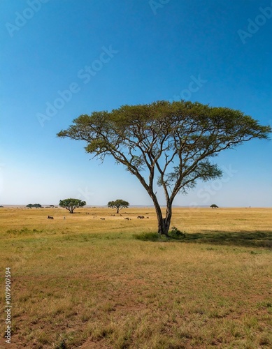 Vast Open Savannah Stretching to the Horizon, With Towering Acacia Trees Dotted Across the Landscape, Beneath a Clear Blue Sky and Gently Grazing Herds in the Distance