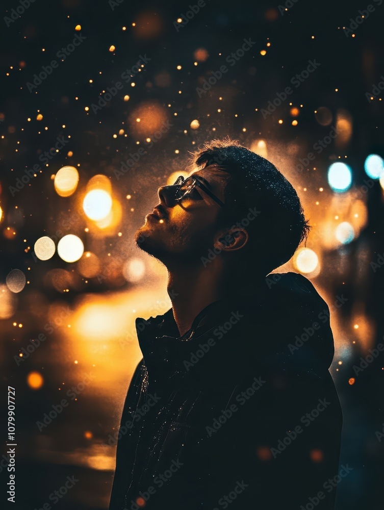 Young man in glasses gazing at falling snowflakes at night with city lights behind. Young man in glasses gazing at falling snowflakes at night with city lights behind.