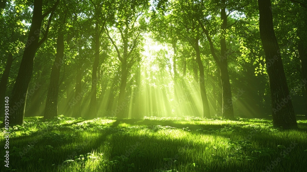 Obraz premium Enchanted Forest Glade - Surreal Dark Fantasy 3D Render with Soft Sunlight Illuminating Peaceful Clearing | Ultra-Detailed Digital Artwork