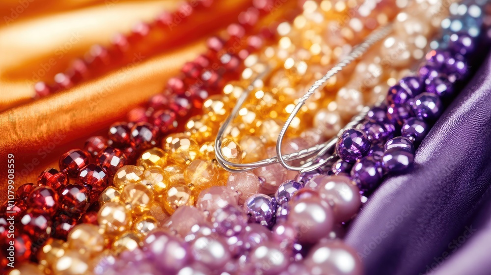 Close-Up View of Colorful Beads and Pearls on Luxurious Fabric with Needle, Showcasing Craftsmanship and Creativity in Jewelry Design Close-Up View of Colorful Beads and Pearls on Luxurious Fabric with Needle, Showcasing Craftsmanship and Creativity in Jewelry Design