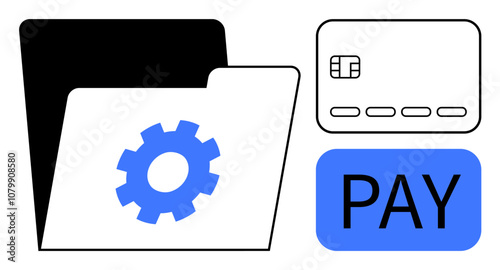Digital folder with a gear and a credit card next to a blue PAY button. Ideal for finance, payment systems, online transactions, digital tools, tech support, file management, e-commerce. Line
