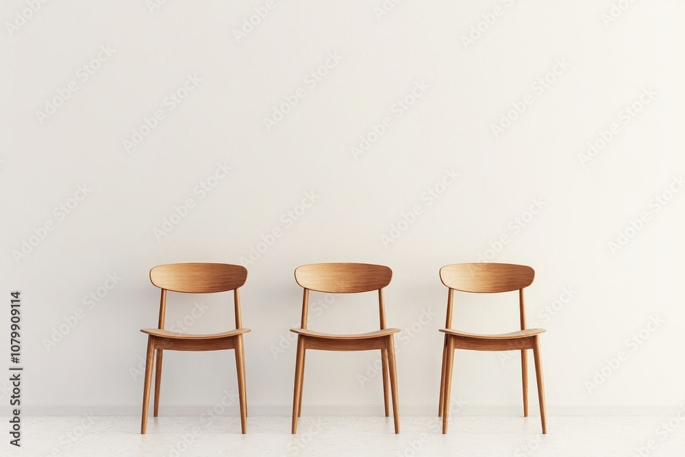 Two chairs - one empty, one occupied - sitting in a minimalist white room. Two chairs - one empty, one occupied - sitting in a minimalist white room.