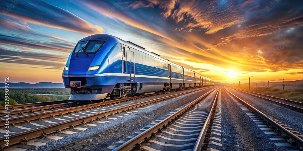 Naklejka premium Sleek blue train on tracks at sunset, sleek, blue, train, tracks, sunset, fiery hues, transportation, speed, travel, motion