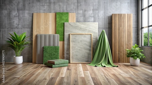 Interior mood board with concrete tile, wooden laminate photo