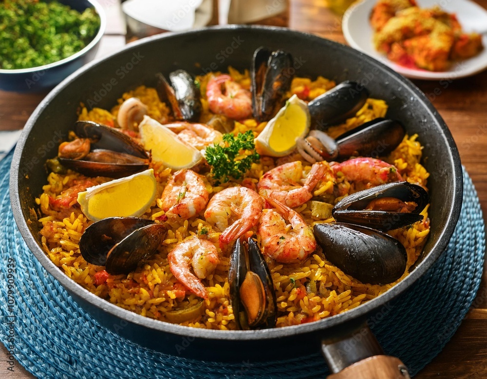 Spicy Seafood Paella with Fresh Shrimp, Mussels, and Saffron Rice, Captured in a Cozy Home Kitchen with Rustic Wooden Tableware and Bold, Vibrant Colors us on Detail and Elegance