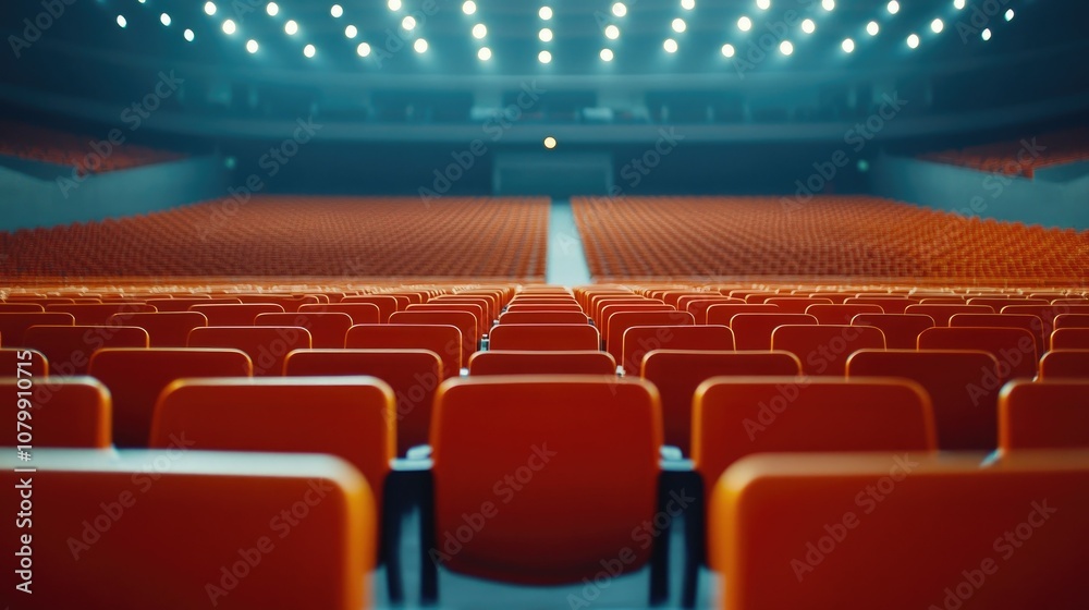 Modern stadium with empty seating, featuring clean rows and bright lights