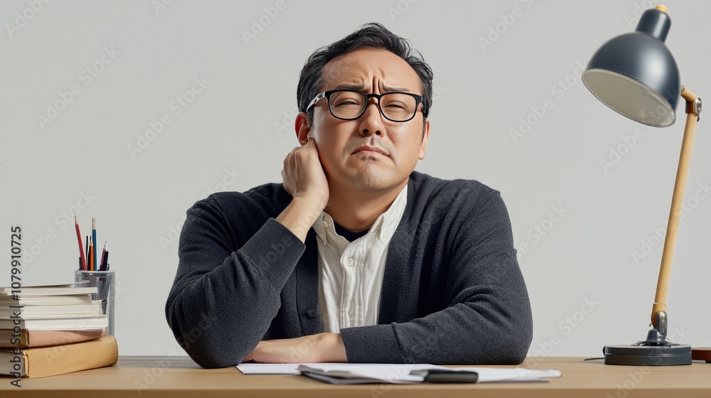 Office worker rubbing sore wrist, depicting office syndrome on a simple, white background Office worker rubbing sore wrist, depicting office syndrome on a simple, white background