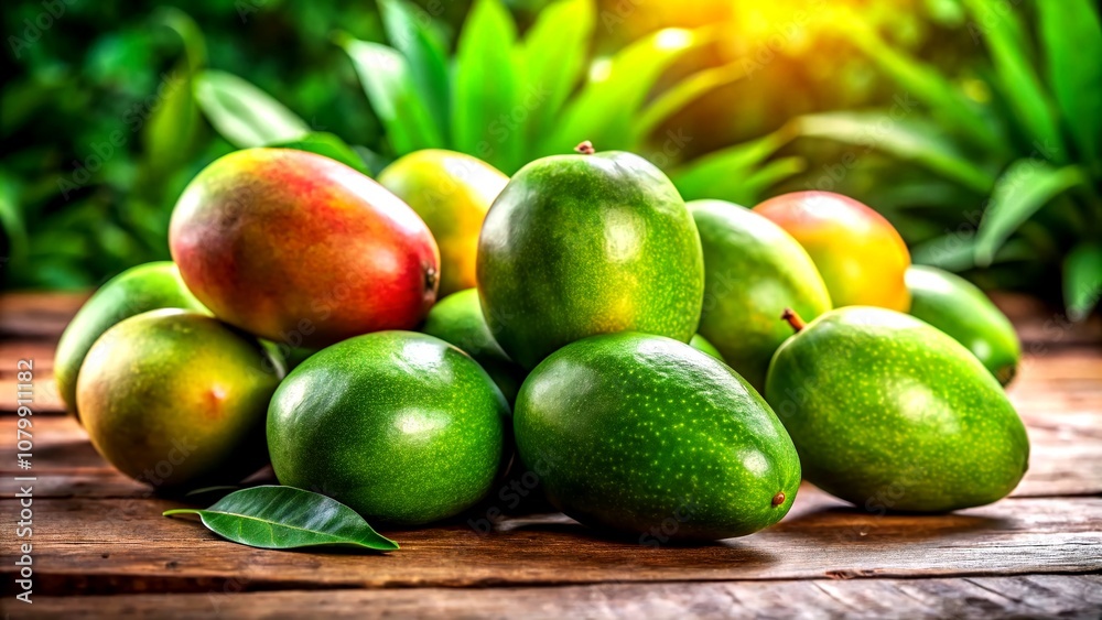Rustic wood, tilted mangos, fresh green. AI image. Rustic wood, tilted mangos, fresh green. AI image.