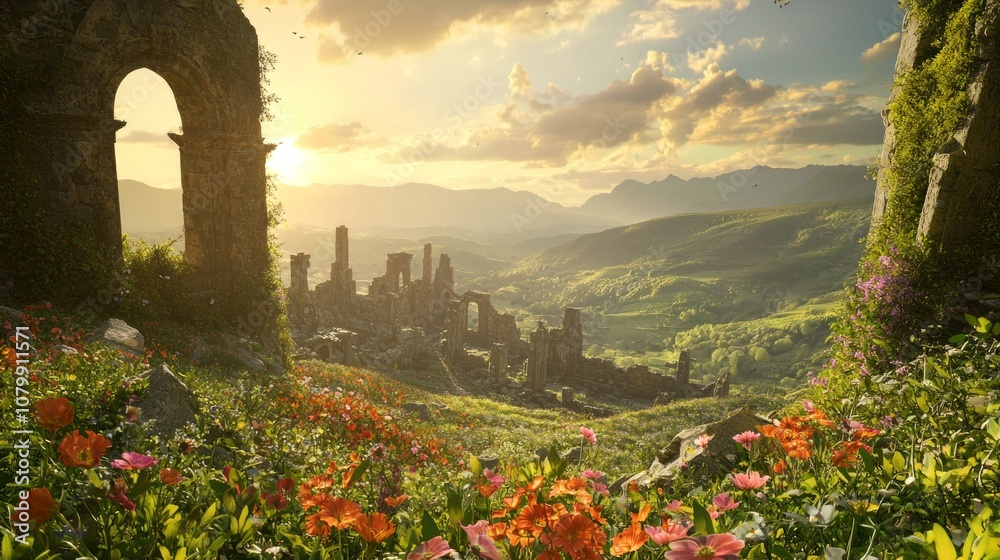 Ethereal Sunset: Mystical Valley of Ancient Ruins and Wildflowers | Ultra-Detailed Dark Fantasy 3D Render Ethereal Sunset: Mystical Valley of Ancient Ruins and Wildflowers | Ultra-Detailed Dark Fantasy 3D Render