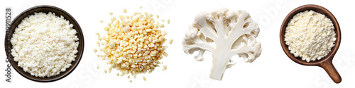 Diverse types of grains and cauliflower displayed in bowls, showcasing varied textures and colors.