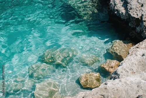 Crystal clear turquoise water laps against the rocky shore. photo