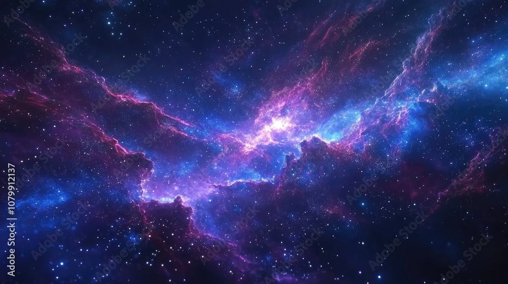 Fototapeta premium Galaxy background with stars, nebulas, and bright cosmic dust in deep blue and purple tones