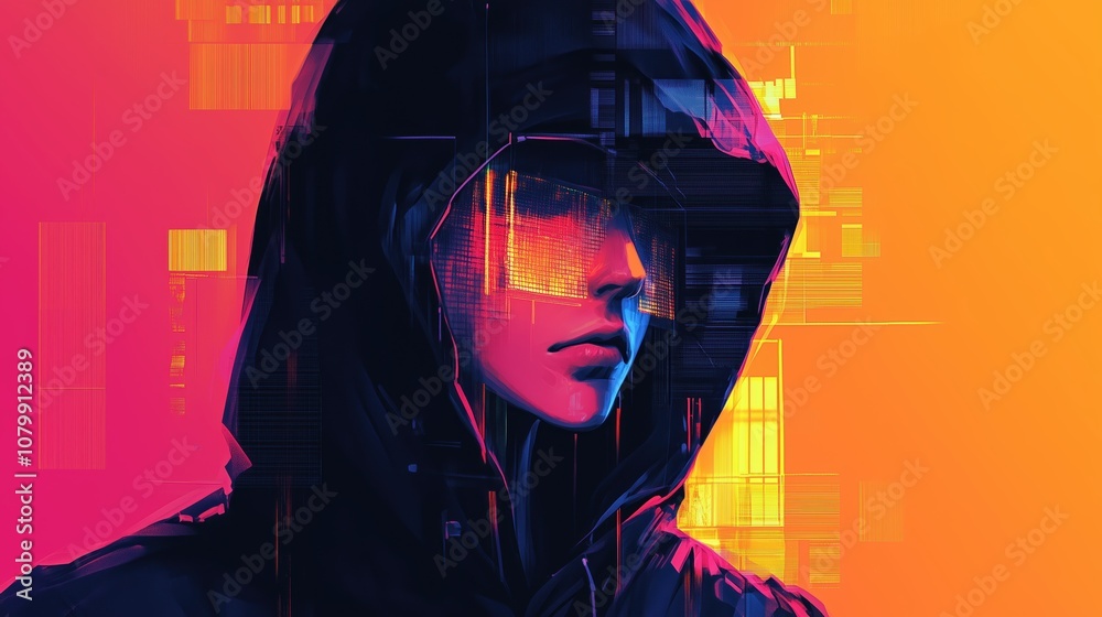 Futuristic Hacker in Hoodie with Digital Glitch Art Effect on Colorful Background Futuristic Hacker in Hoodie with Digital Glitch Art Effect on Colorful Background
