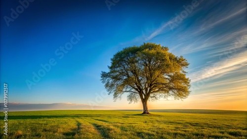 A single tree stands tall amidst a vast expanse of verdant grass, its branches reaching towards a sky painted with hues of blue and orange, capturing the essence of a tranquil and serene landscape.