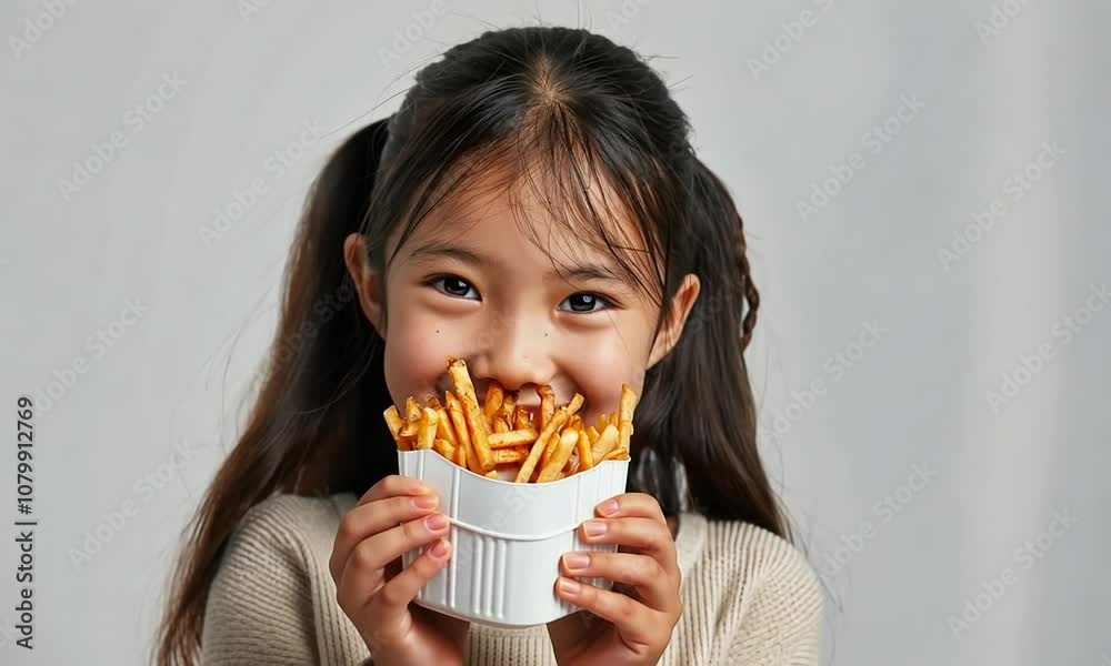 A young girl smiles broadly, holding a paper bag full of french fries in front of her. A young girl smiles broadly, holding a paper bag full of french fries in front of her.