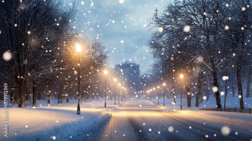 empty snowy street with lights. ai generated