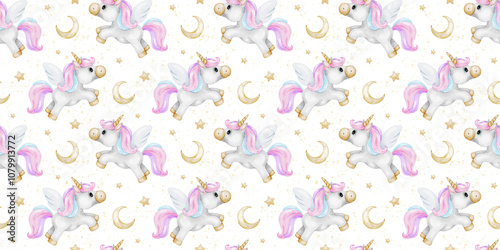 Unicorns, Crescent moon and stars. Watercolor hand drawn nursery seamless pattern. Cute background for baby girl. Print for kid's goods, clothes, textile, baby shower, wallpaper, children's room