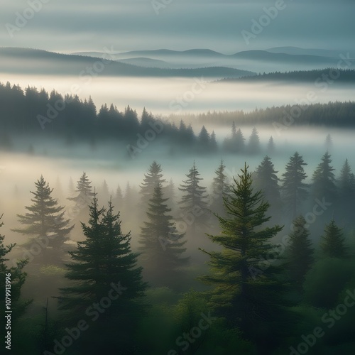 spruce treetops on a hazy morning. wonderful nature background with sunlight coming through the fog. bright sunny atmosphere