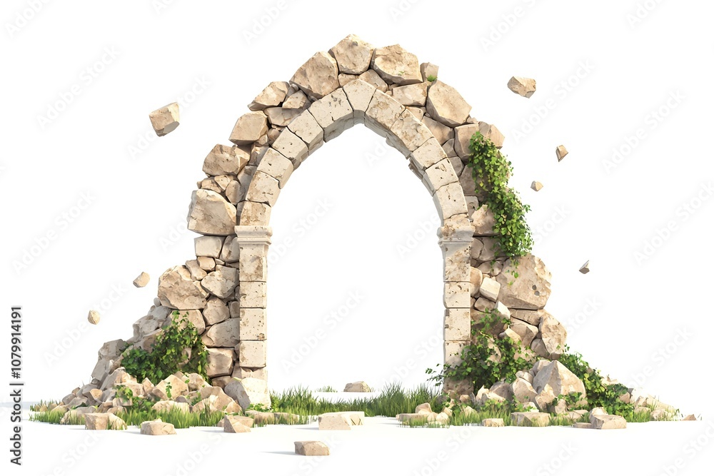 Fototapeta premium Weathered Stone Archway Surrounded by Greenery and Debris, Capturing the Beauty of Nature's Reclamation in an Isolated Space