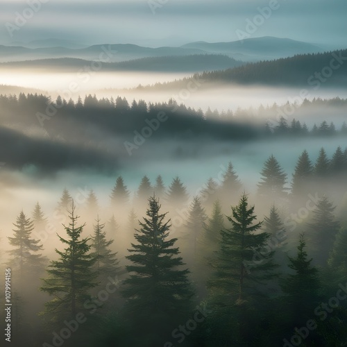 spruce treetops on a hazy morning. wonderful nature background with sunlight coming through the fog. bright sunny atmosphere