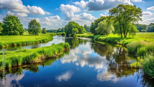 Tranquil river winding through lush green landscape in Schipborg, Drenthe, river, scenic, nature, Schipborg, Drenthe photo