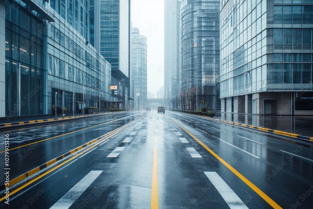 Empty city street with rain and skyscrapers. Empty city street with rain and skyscrapers.