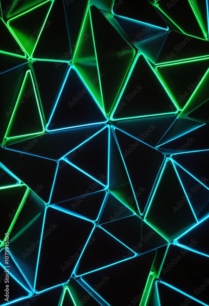 Glowing neon blue and lime green 3D triangles with sharp angles, adding a futuristic, tech-inspired vibe for a bold, eye-catching design. Ai generated images Glowing neon blue and lime green 3D triangles with sharp angles, adding a futuristic, tech-inspired vibe for a bold, eye-catching design. Ai generated images