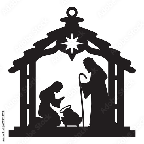 Nativity scene silhouette vector cartoon illustration