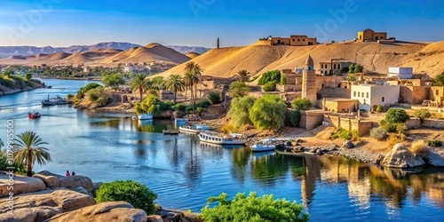 Scenic view of River Nile in Aswan, Egypt with a traditional Nubian village on the riverbank , Aswan, Egypt, River Nile