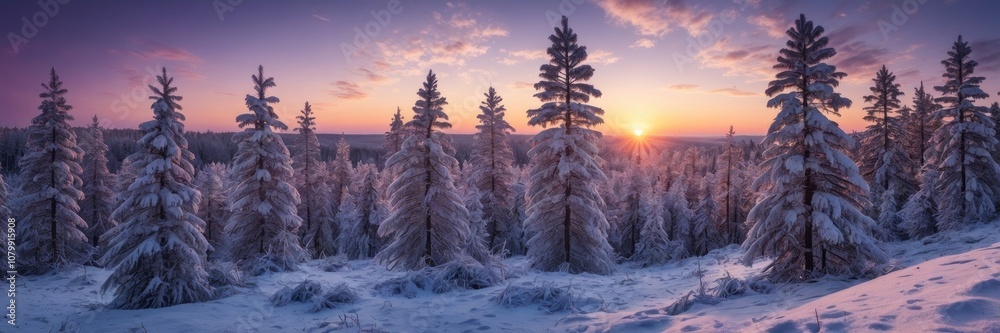 Fototapeta premium Scenic very frozen snowy young pine tree forest under scenic sunset skies
