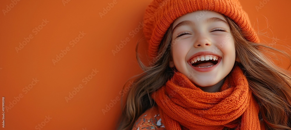 A joyful girl in a vibrant orange beret and scarf, captured on a bright background, perfect for winter promotions, holiday greetings, or cheerful seasonal designs. A joyful girl in a vibrant orange beret and scarf, captured on a bright background, perfect for winter promotions, holiday greetings, or cheerful seasonal designs.