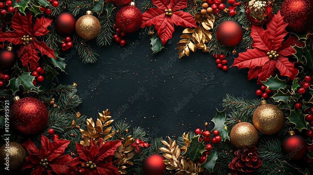 A lavishly arranged Christmas decoration frame, perfect for holiday greeting cards or banners, capturing the warmth of the festive season. A lavishly arranged Christmas decoration frame, perfect for holiday greeting cards or banners, capturing the warmth of the festive season.