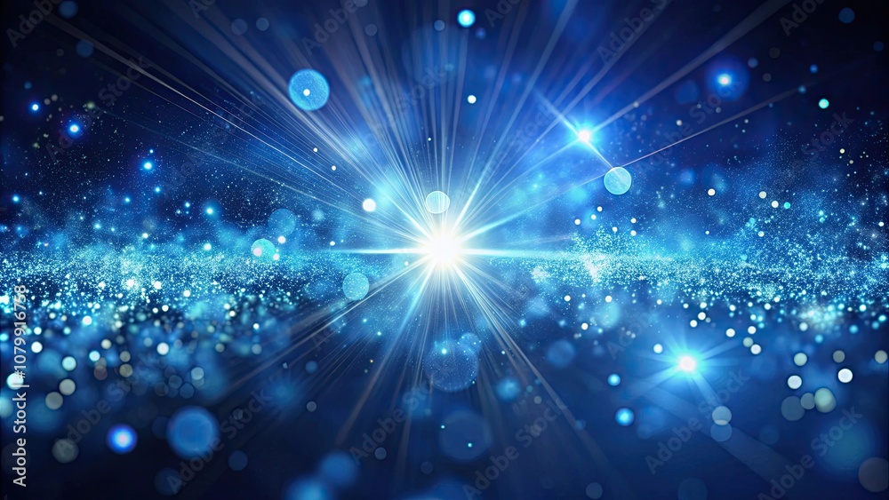 Naklejka premium Abstract glowing particles with beams on dark blue background surrounded by bokeh, abstract, particles, glowing, beams