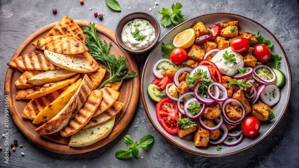 Traditional Greek cuisine featuring Greek salad, chicken souvlaki Traditional Greek cuisine featuring Greek salad, chicken souvlaki