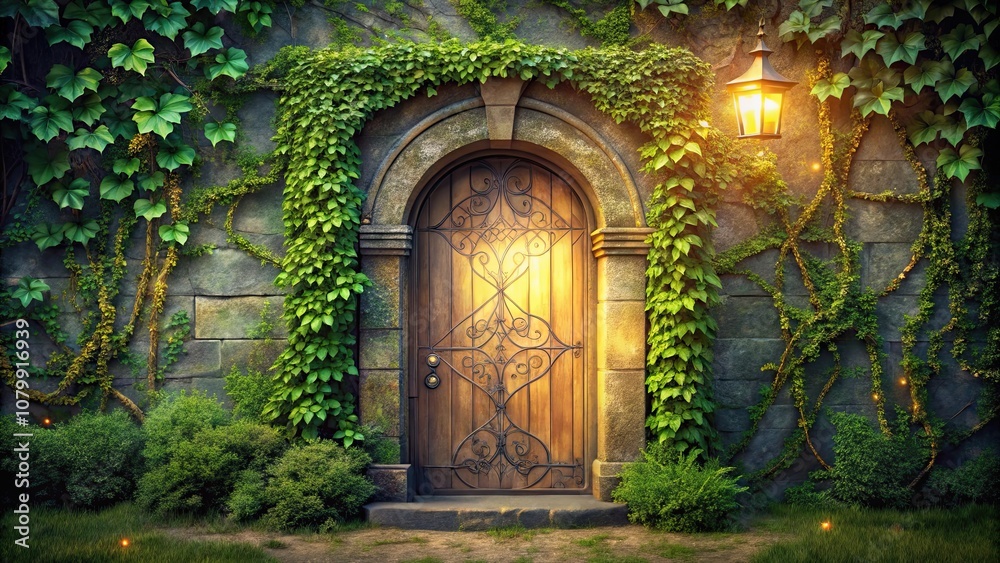 Mysterious stone door covered in vines with glowing symbols, mysterious, stone, door, vines, glowing, symbols, ancient Mysterious stone door covered in vines with glowing symbols, mysterious, stone, door, vines, glowing, symbols, ancient