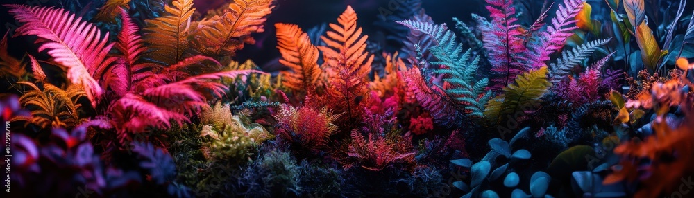 Fototapeta premium Lush undergrowth teeming with diverse flora, showcasing nature's vibrant ecosystem and rich biodiversity.