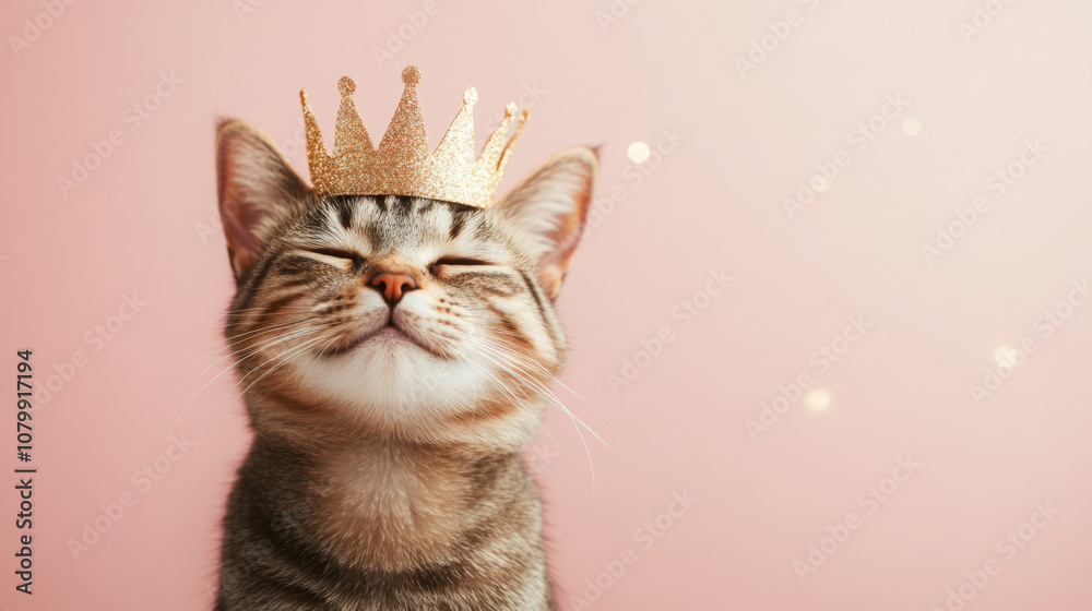 Photo of a smile happy cat kitty wear crown cheerful on pink cute pet background. graphic design adorable wallpaper for advertising celebration birthday party animal vet Photo of a smile happy cat kitty wear crown cheerful on pink cute pet background. graphic design adorable wallpaper for advertising celebration birthday party animal vet