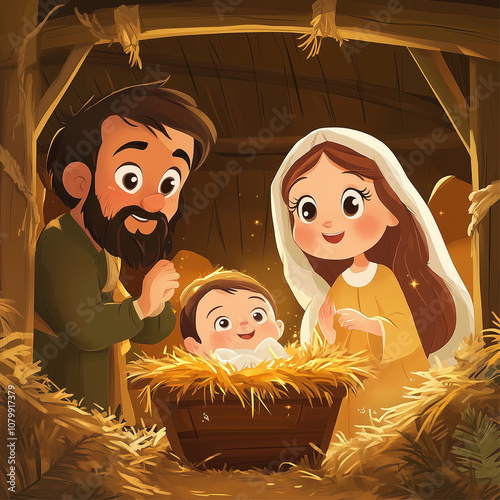 Generative AI. The birth of baby Jesus in a manger in a sheepfold. With Saint Joseph and Mother Mary, cute cartoon.