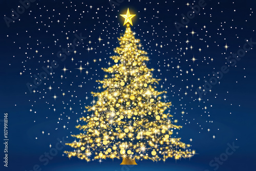 Christmas tree adorned with gold stars; snow gently covers its branches creating a magical winter scene.