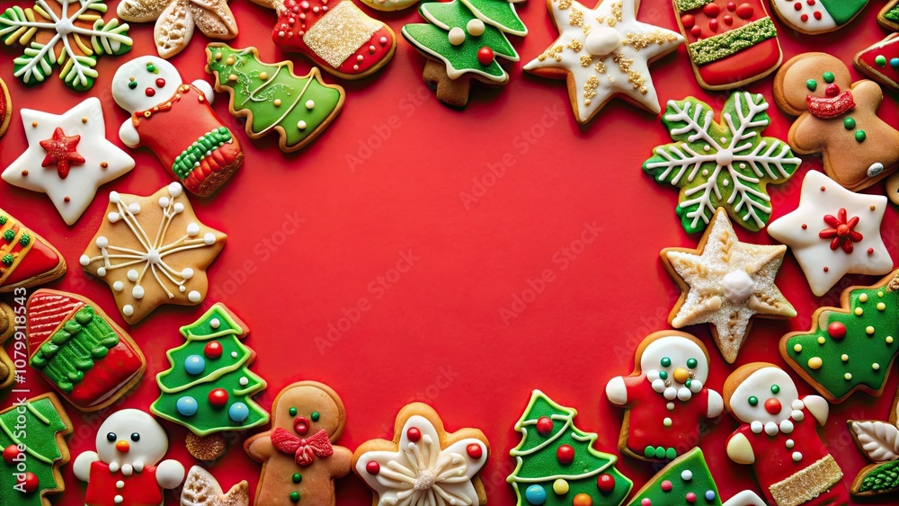 A display of festive holiday cookies on a red background, arranged in a frame , holiday, cookies, festive, Christmas, red A display of festive holiday cookies on a red background, arranged in a frame , holiday, cookies, festive, Christmas, red