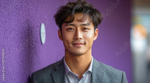 Young Asian man wearing a suit standing in front of a purple wall, smiling and looking at the camera.