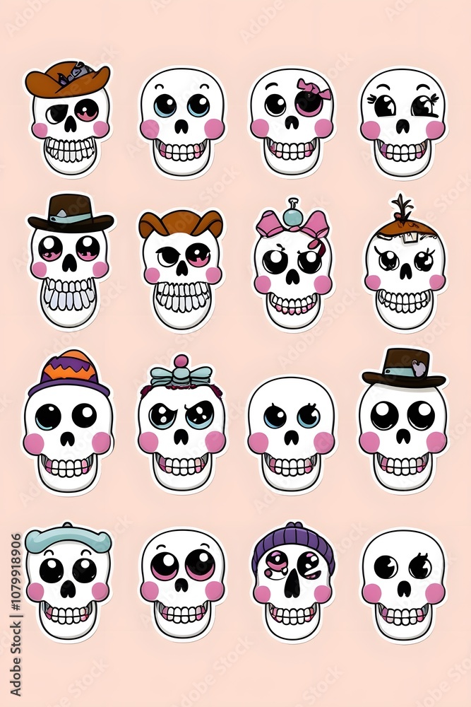 A Collection of 16 Cute Cartoon Skulls with Various Hats and Expressions - Whimsical and Playful Illustration A Collection of 16 Cute Cartoon Skulls with Various Hats and Expressions - Whimsical and Playful Illustration